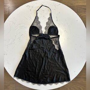 Vintage Victoria's Secret Black Satin Lace Halter Babydoll Chemise S
